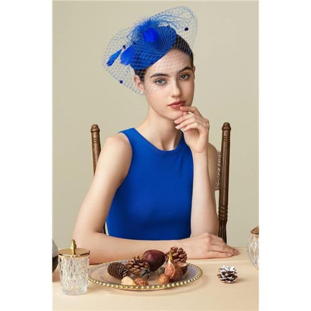 Hat Veil Feather Fascinators Hair Clip Blue - Picture 5 of 5
